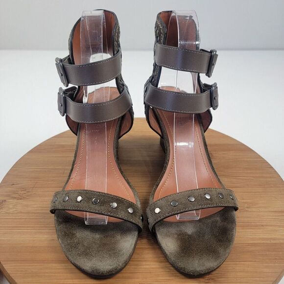 Coach Odessa Leather Suede Wedge 8.5 B Olive Green Buckle 2 Strap Heels‎ - Picture 2 of 16